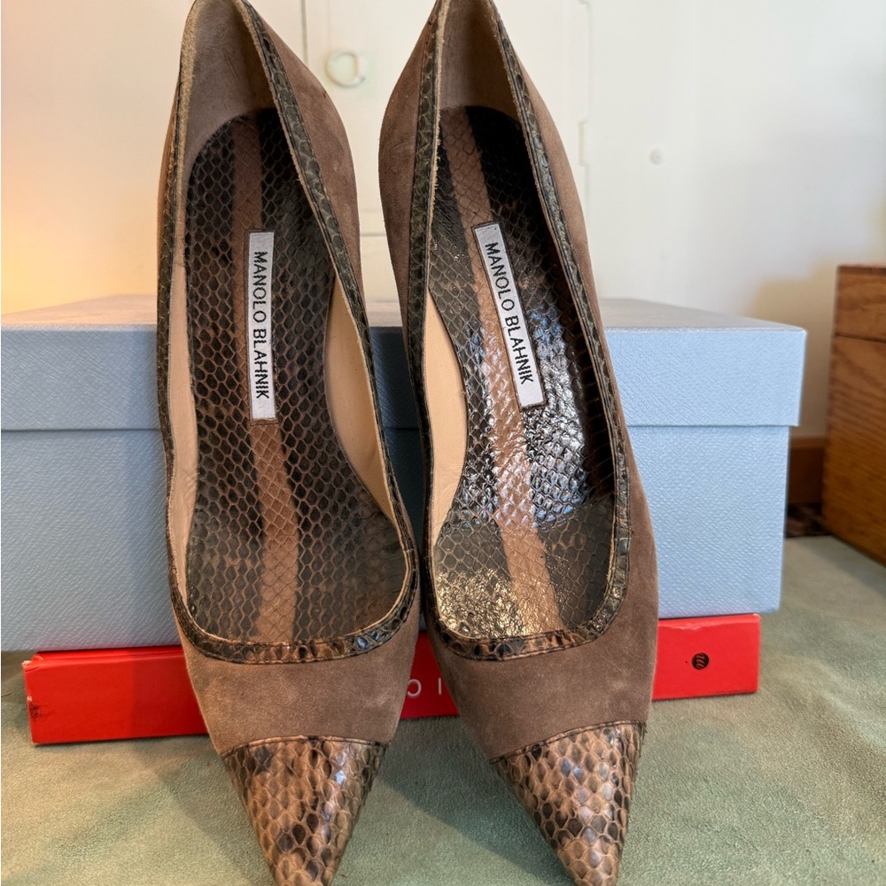 Manolo Blahnik Brown Snakeskin and Suede Heels